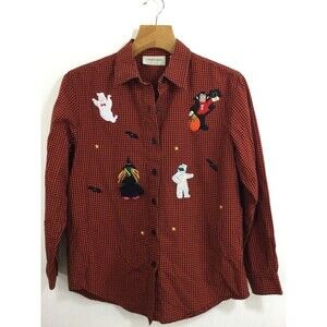 LEMON GRASS Button Up Halloween Shirt Witch Mummy Ghost Dracula Gingham Small